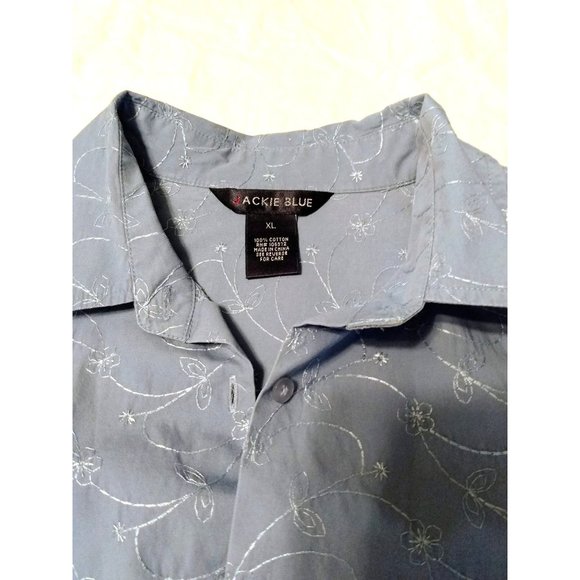JACKIE BLUE Ladies Embroidered Floral Blue Button-up Blouse with 3/4 Sleeve XL - Picture 3 of 4